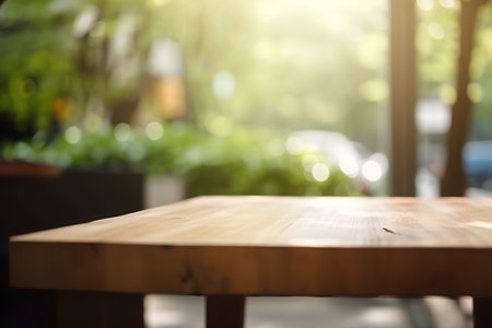 Empty wooden table and Coffee shop blur background with bokeh image.の素材