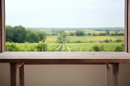 Wooden table in front of blurred view of vineyard and countrysideの素材