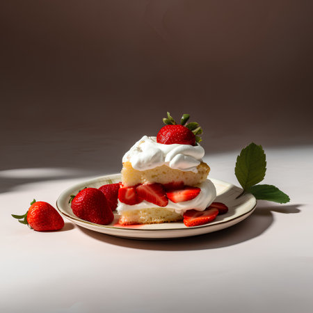 Piece of cake with whipped cream and strawberries on a white plateの素材