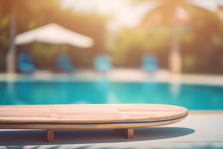 Wood Table Top And Blur Swimming Pool Background - Vintage Filterの素材