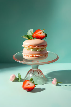 Delicious french macaroon cake with fresh strawberry and mint on glass stand on pastel green backgroundの素材