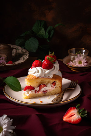 Strawberry cake with whipped cream and fresh berries on a dark backgroundの素材