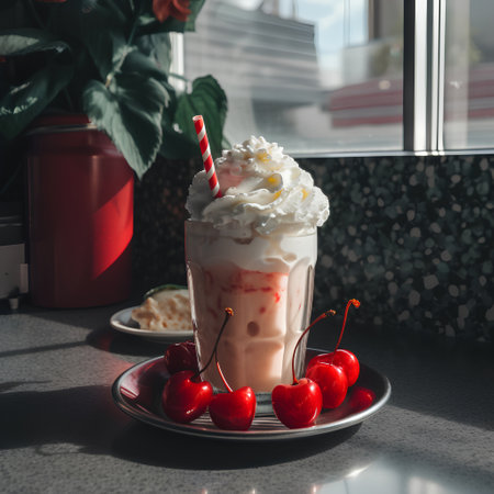 Cherry milkshake with whipped cream and cherry on the tableの素材