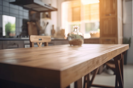 Empty wooden table and chairs in modern kitchen. Blurred background.の素材