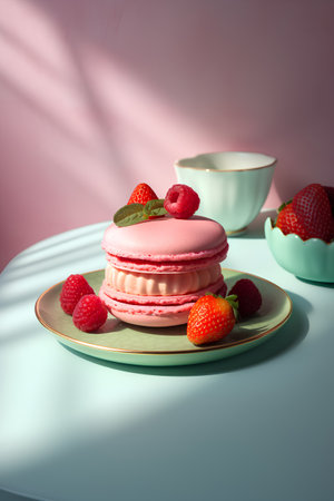 Strawberry macaroon with raspberries and mint leaf on pastel backgroundの素材
