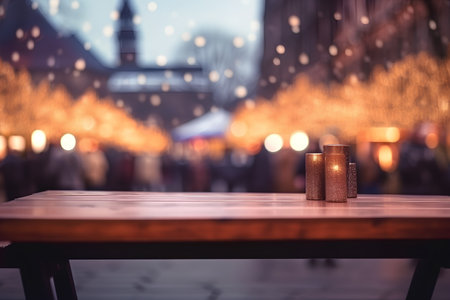 Wooden table with candles in the city at night. Selective focus.の素材
