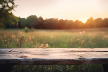 Wooden table in the meadow at sunset. Selective focus.の素材
