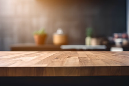 Empty wooden table in front of blurred kitchen background. For product displayの素材