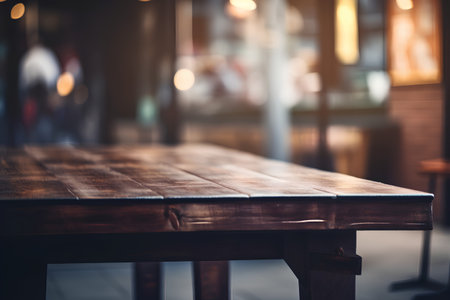 Empty wooden table in coffee shop cafe. Coffee shop blur background with bokehの素材