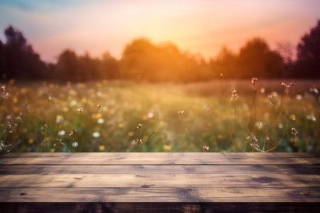Empty wooden table in front of blurred nature background. Collage.の素材
