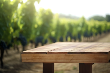 Wooden table with vineyard in the background. Selective focus.の素材