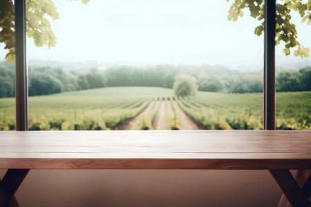 Wooden table in front of blurred vineyard. Toned imageの素材