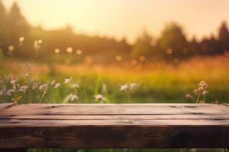 Empty wooden table for product display montages. Nature background with copy spaceの素材