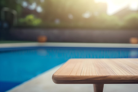 Wood Table Top And Blur Swimming Pool Background - Vintage Filterの素材