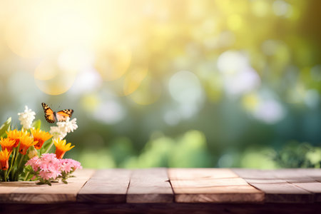Wooden table with flowers and butterfly on bokeh background.の素材