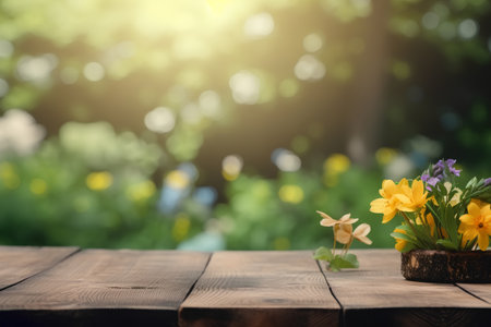 Wooden table and spring flowers in pot on bokeh backgroundの素材