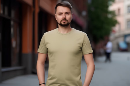 Portrait of a handsome young man in a green t-shirtの素材