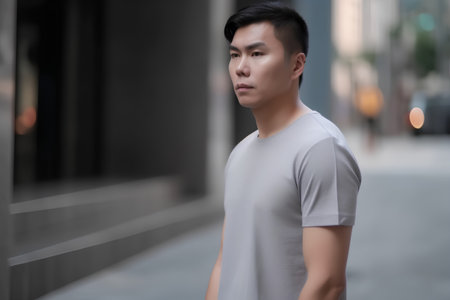 Young handsome asian man in urban setting. Shallow depth of field.の素材