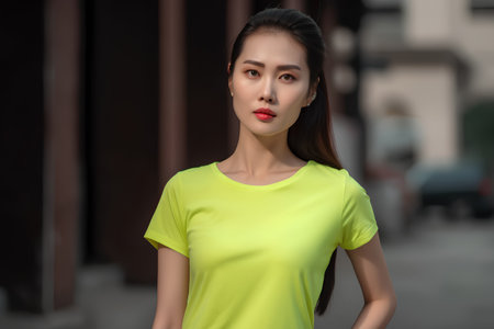 Beautiful asian woman in yellow t-shirt on the streetの素材