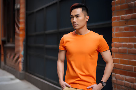 Handsome asian man in orange t-shirt standing on brick wall backgroundの素材