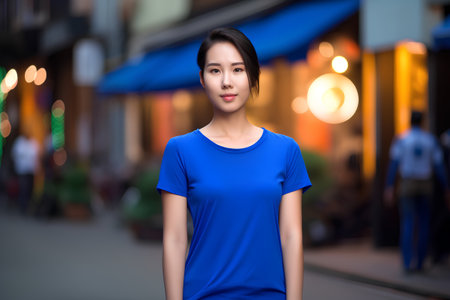 portrait of asian woman wearing blue dress walking in the cityの素材