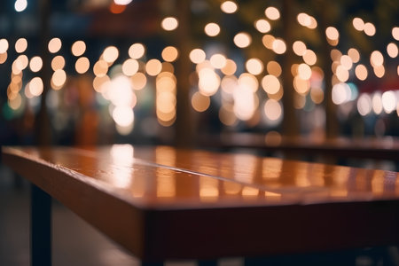 Empty wooden table in front of blurred bokeh lights background.の素材