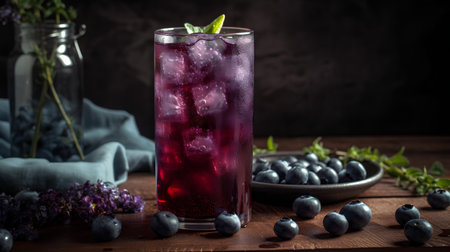 Blueberry lemonade with ice in a glass on a dark backgroundの素材