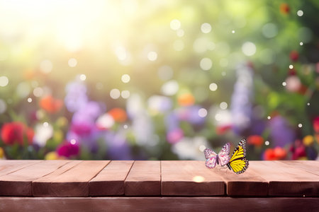 Wooden table with butterfly over blurred garden background with bokehの素材