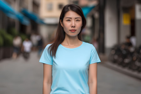 Woman in blue t-shirt looking at the camera with blurred backgroundの素材