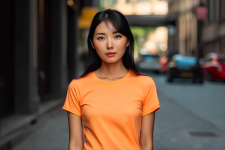 Portrait of a beautiful Asian woman in an orange t-shirtの素材