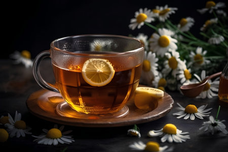 Cup of tea with lemon and chamomile flowers on dark backgroundの素材