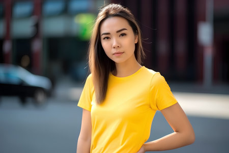 Portrait of a beautiful young asian woman in yellow t-shirtの素材