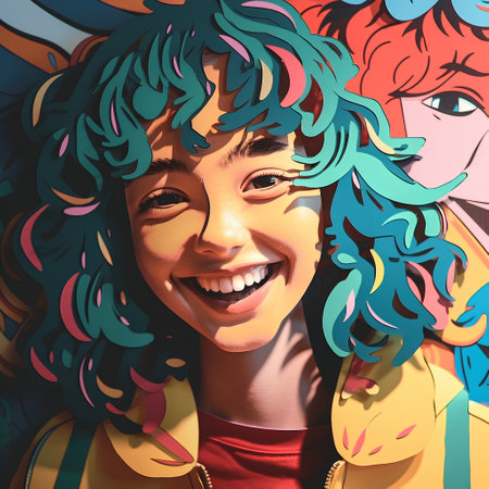 Funny cartoon girl with colorful hair. Portrait of a beautiful young girl.の素材