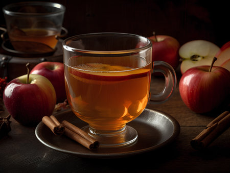 Glass cup of hot apple tea with cinnamon and apples on wooden tableの素材