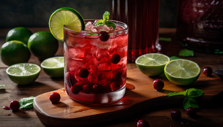 Cocktail with cranberries, lime and mint on wooden backgroundの素材