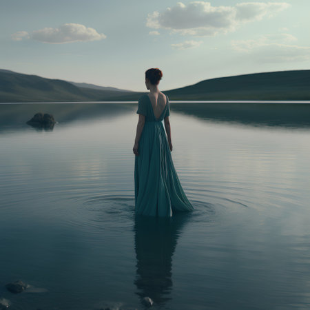Young woman in a blue dress standing in the water of a lakeの素材