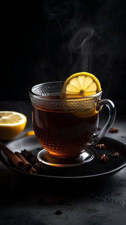 Cup of hot tea with lemon and cinnamon on black background.の素材