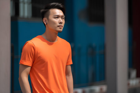 Young handsome Asian man in orange t-shirt standing on the street.の素材