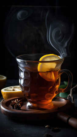 Cup of hot tea with lemon and spices on dark background.の素材