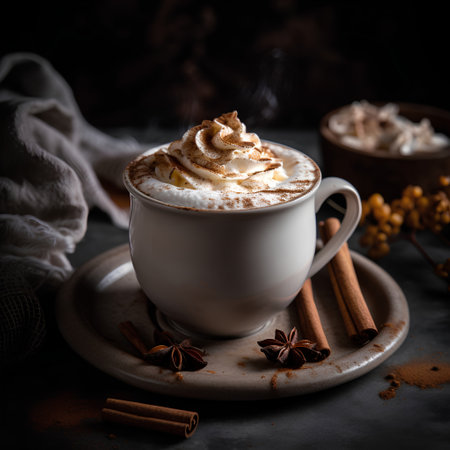 Cappuccino with whipped cream and cinnamon on a dark backgroundの素材