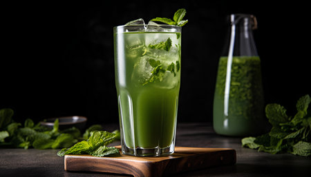 Refreshing green mojito cocktail with mint and ice on dark backgroundの素材