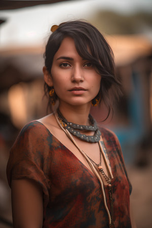 Portrait of a beautiful indian woman in traditional dress and necklaceの素材