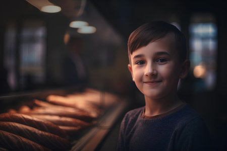 Portrait of a boy in a bakery. Selective focus.の素材