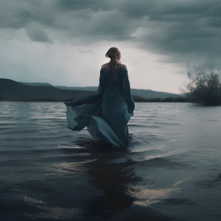 Beautiful young woman in a blue dress standing in the water.の素材