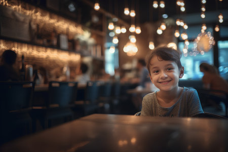 Little boy sitting in a cafe and looking at the camera. Blurred background.の素材