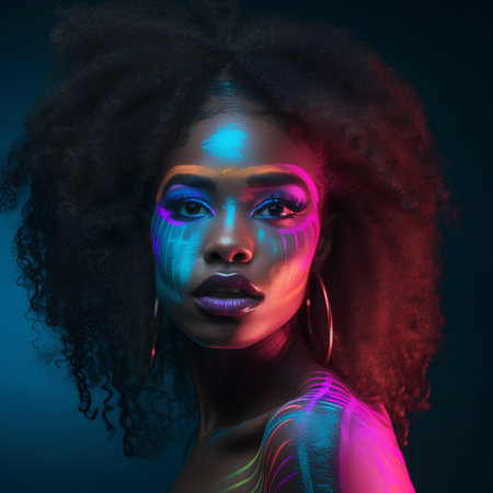 Portrait of a beautiful african american woman with afro hairstyle and neon makeup.の素材