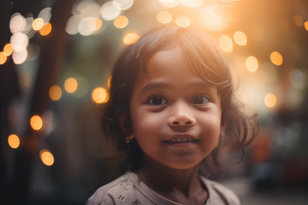 Cute little asian girl with bokeh lights background.の素材