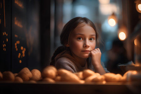 Little girl in a cafe at a table with a plate of potatoesの素材