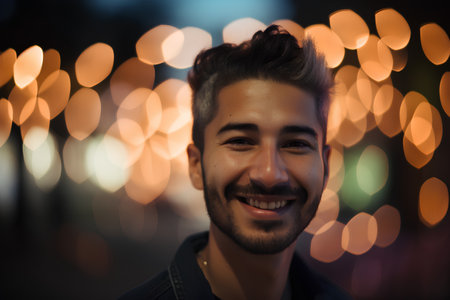 Portrait of a handsome young man smiling at the camera outdoors.の素材