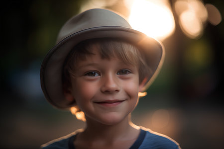 Portrait of a boy in a hat on a background of sunsetの素材